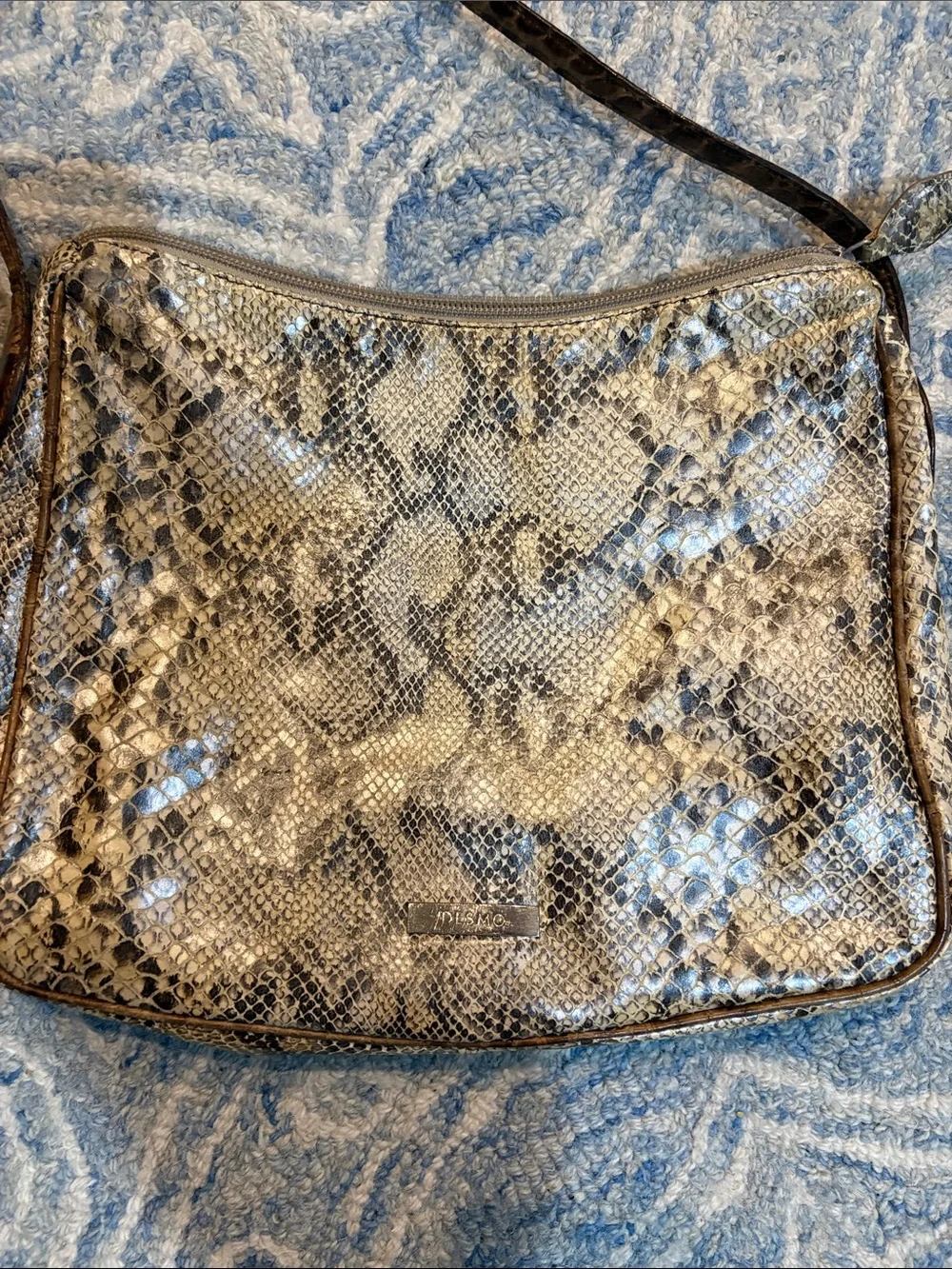 Metallic Snake-Print Shoulder Bag in Taupe